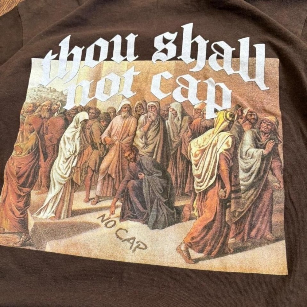 Thou Shall Not Cap Graphic T-Shirt Brown M - Gen Z Meme Commandment Tee Y2k